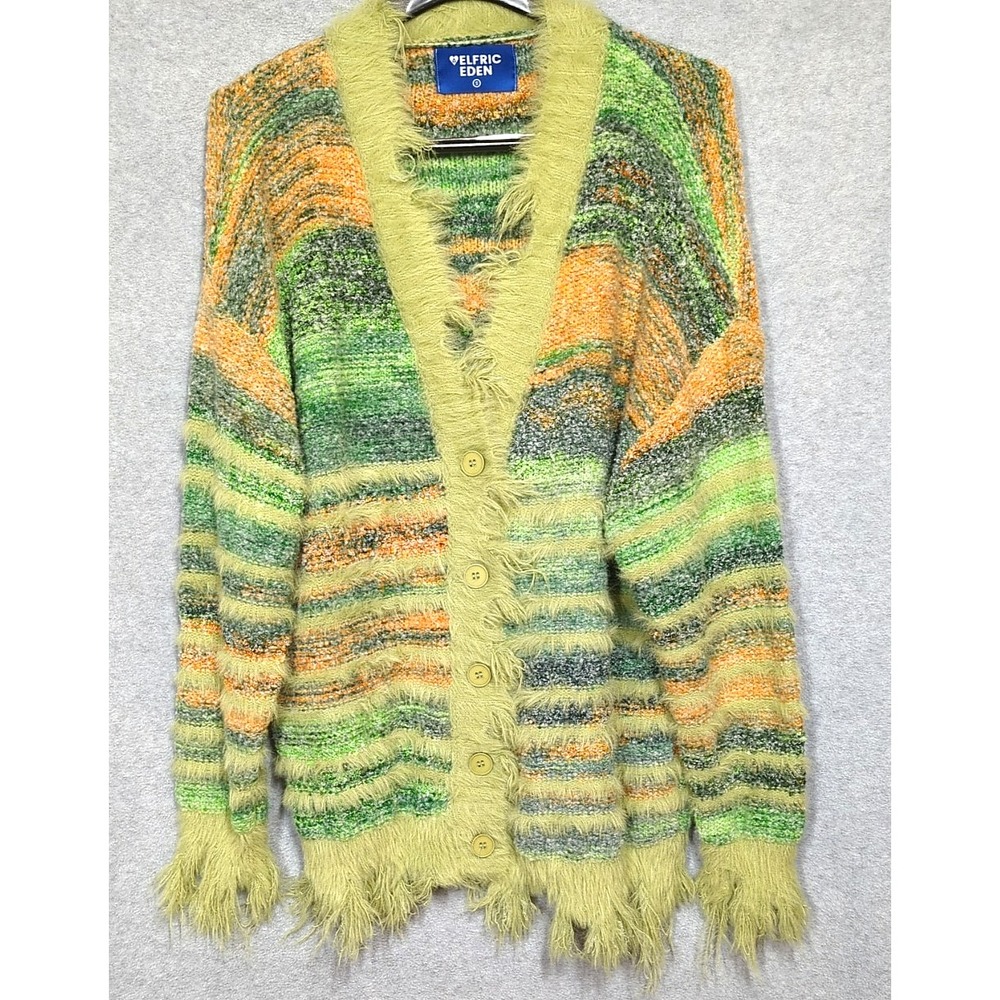 ELFRIC EDEN Fuzzy Sweater S Fringe Stripe Cardigan Casual Streetwear Oversized